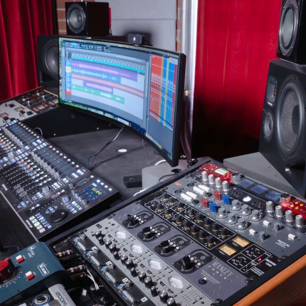 Professional audio mixing and mastering studio setup with a curved monitor displaying multitrack audio software, a mixing console, and various outboard gear with knobs and meters.